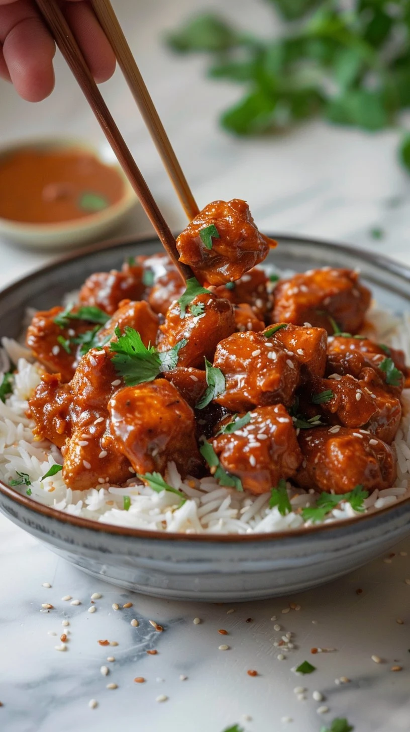 This image showcases a delightful meal consisting of spicy chicken pieces, richly coated in a glossy, savory sauce, elegantly served atop a bed of fluffy white rice. Perfectly garnished with fresh cilantro, the dish offers a burst of flavors that promise to tantalize the taste buds. The use of chopsticks to pick up the chicken adds an authentic touch to the experience, underlining the dish's Asian culinary roots. This meal is not just appealing to the eyes but also promises an explosion of flavors and textures, making it a perfect option for those who enjoy a blend of spice and comfort in their food.