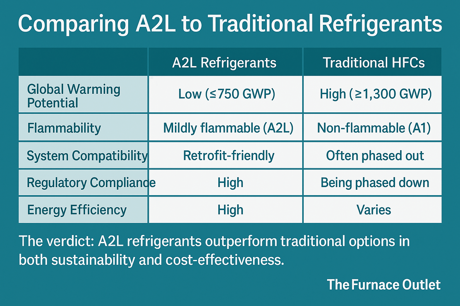 Side-by-side comparison table showing GWP, energy efficiency, and compliance differences between A2L refrigerants and traditional HFCs.