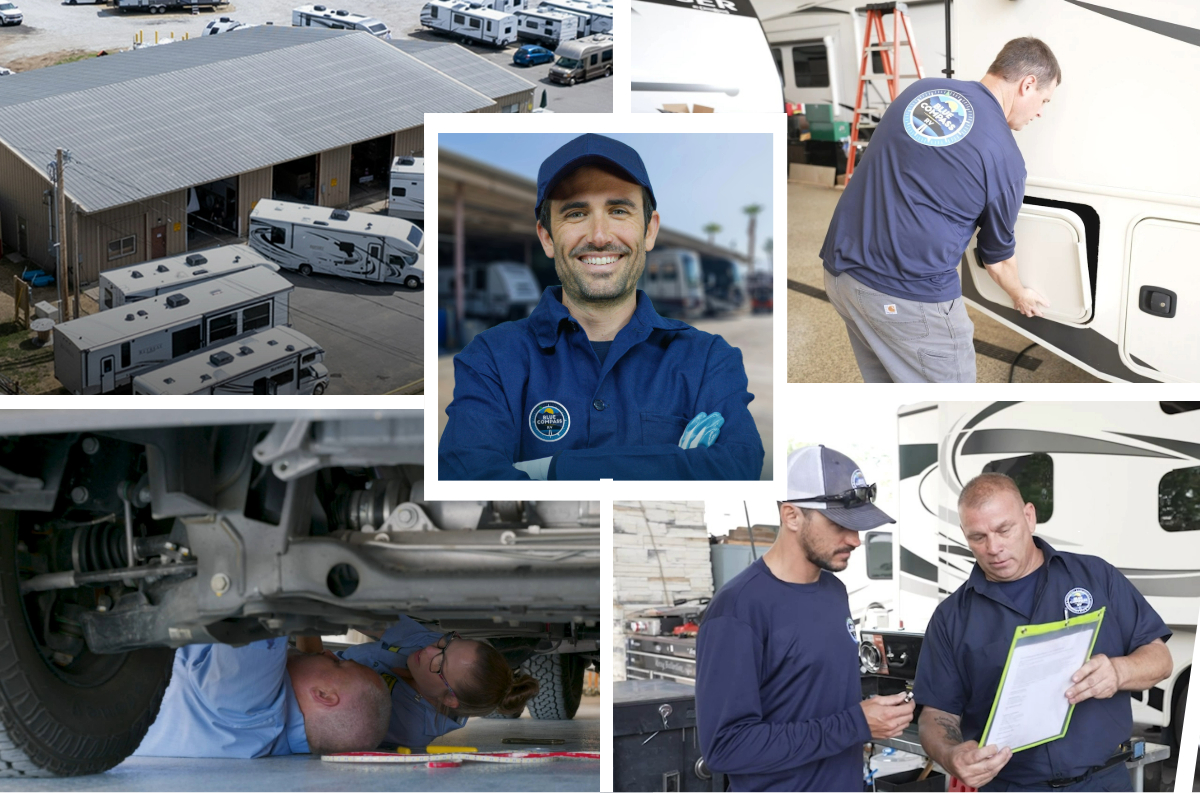 collage of Blue Compass RV workers  repairing RVs, consulting and an aerial shot of outside a maintenance garage