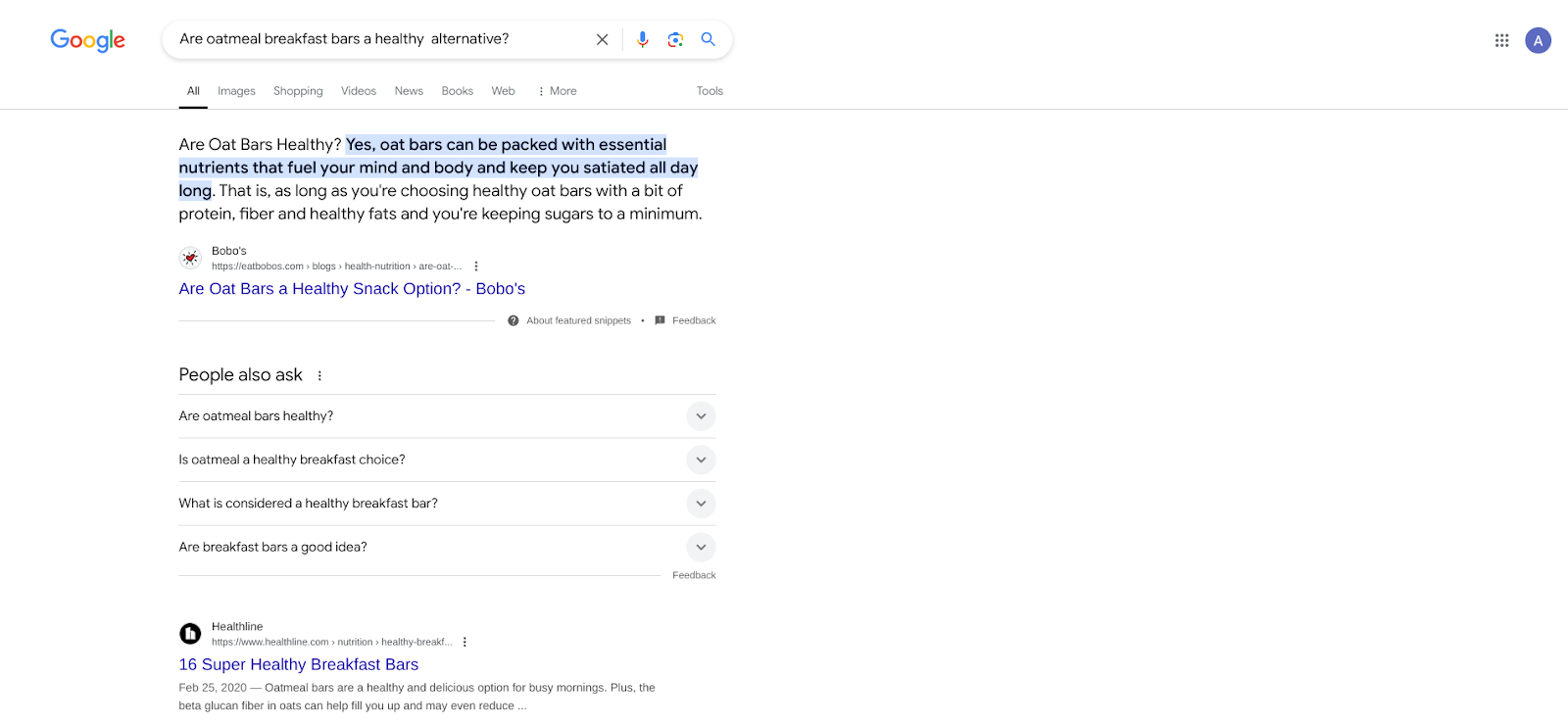 Screenshot from a Google search for the refined search term  are oatmeal breakfast bars a healthy alternative as an exampe of keyword research for a freelance article outline.