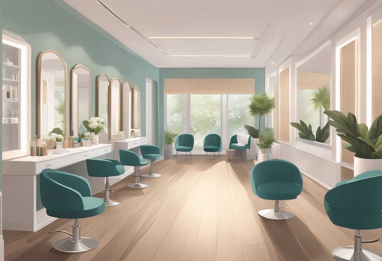 A serene, modern lash salon with comfortable seating, soft lighting, and a calming color palette. A technician carefully applies lashes to a client in a cozy, private room