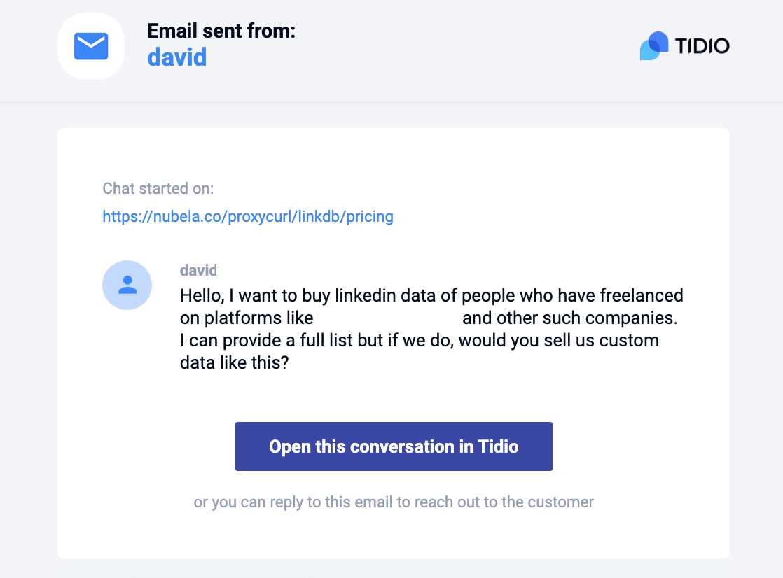 Tidio enquiry from lead about buying Proxycurl Linkdb