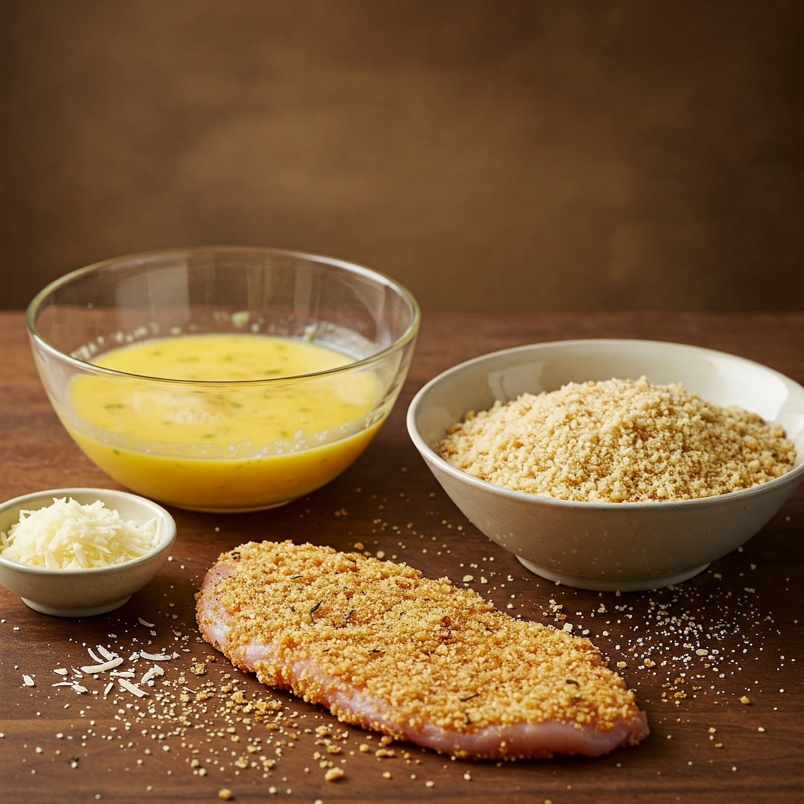 3 separate bowls, each filled with bread crumbs, eggs and cheese and a breaded cutlet