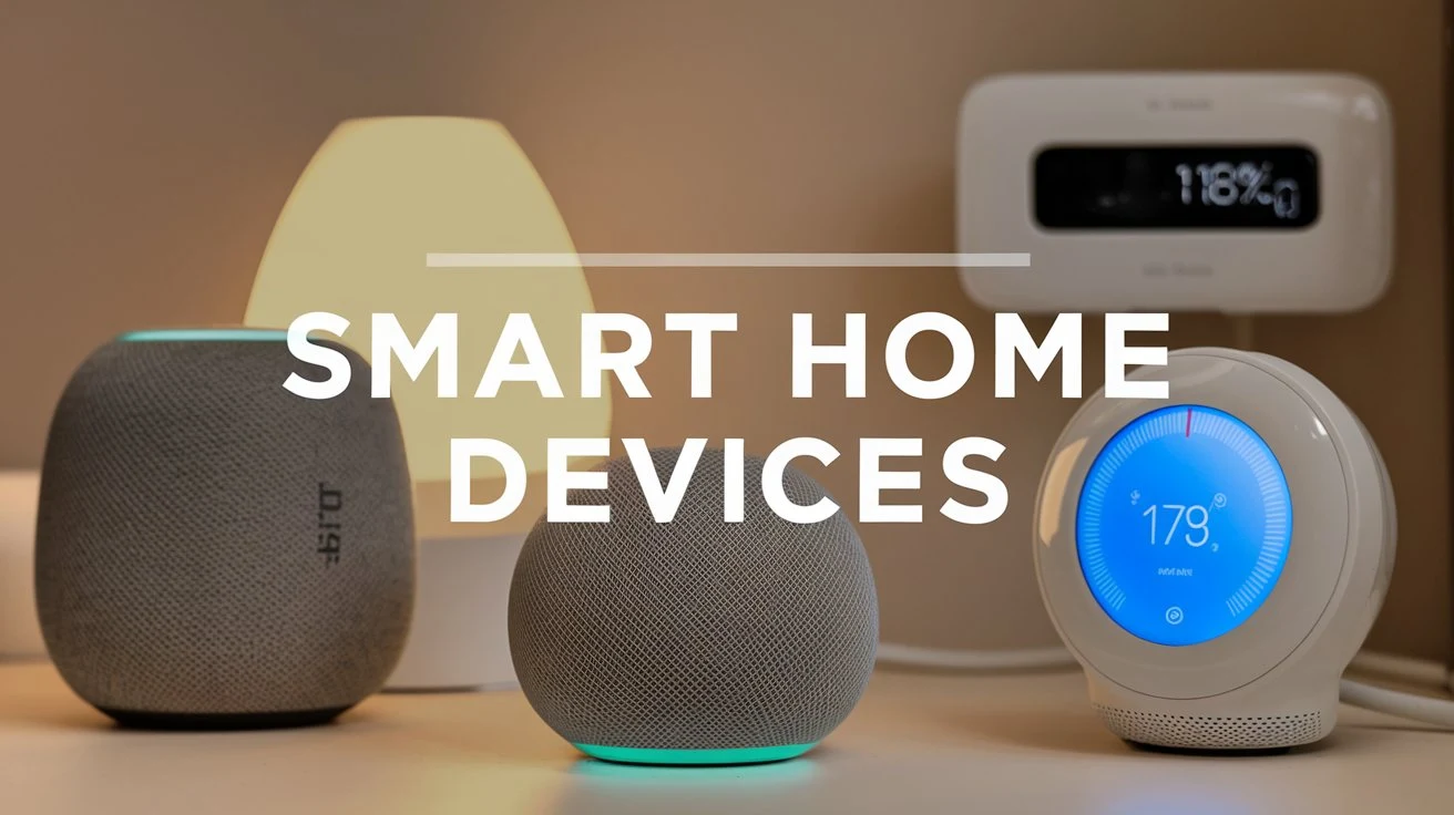 A modern smart home setup with various connected devices, including smart speakers, lights, and thermostats. With Text "Smart Home Devices"