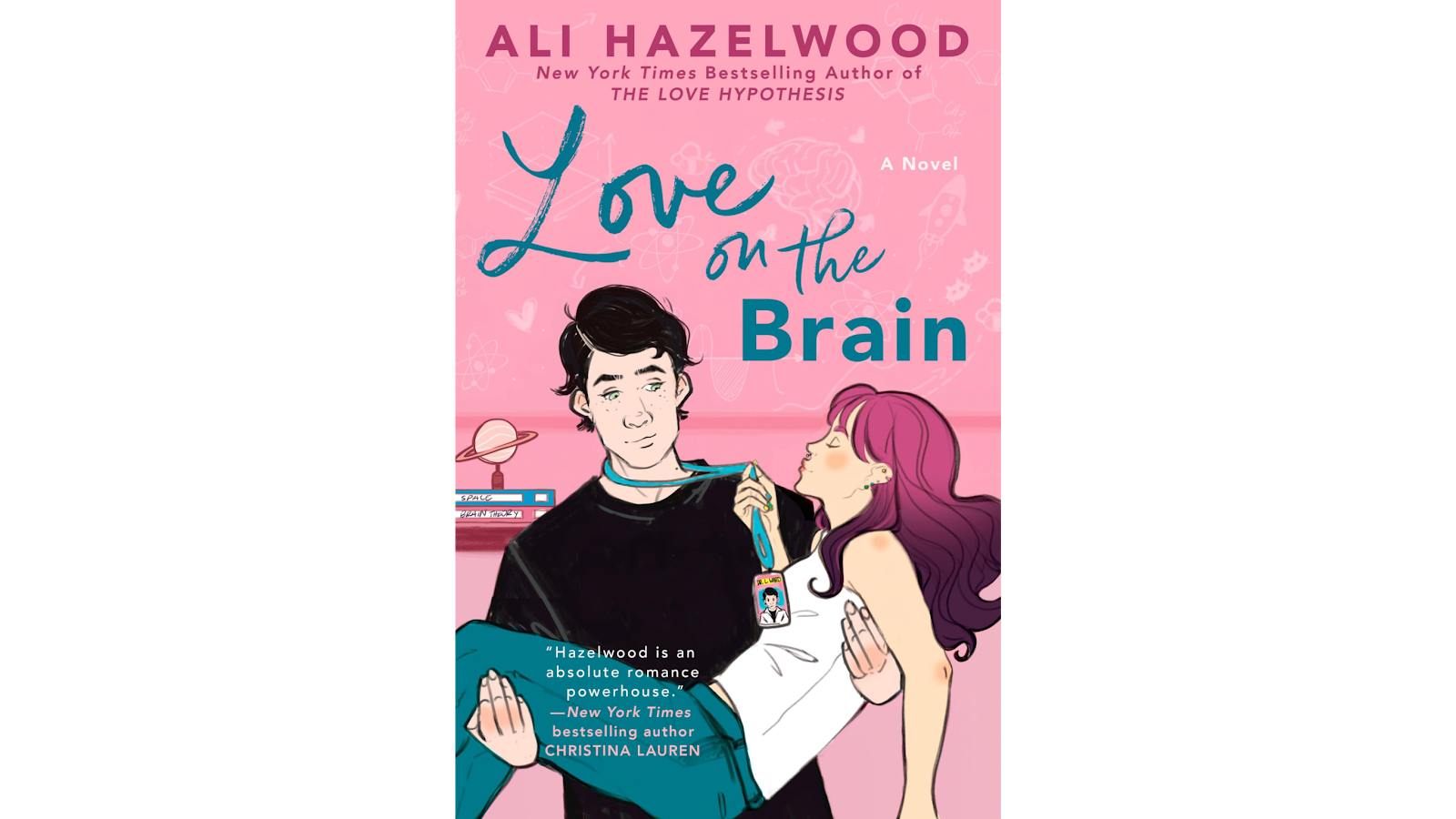 The cover of the book Love on the Brain by Ali Hazelwood, featuring a playful illustration of a man holding a woman.