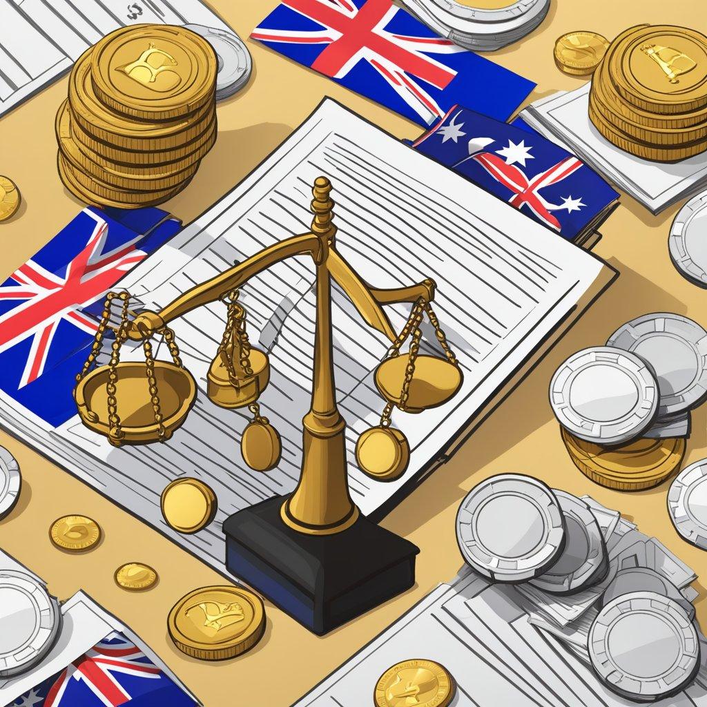 A scale balancing Australian flag and casino chips, surrounded by legal documents and a gavel, symbolizing the complex laws governing online gambling in Australia