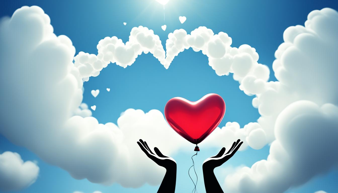 A pair of hands releasing a heart-shaped balloon into the sky. The balloon is surrounded by swirling clouds and the hands have an expression of calm surrender.