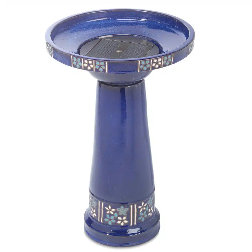 Louisa Ceramic Solar Birdbath made of black clay ceramic with hand-laid tiles, featuring a solar-powered fountain and elegant cobalt blue finish, ideal for enhancing your garden's charm.