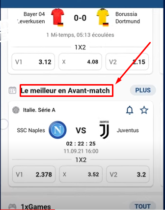 Choisir un évènement sur 1xbet