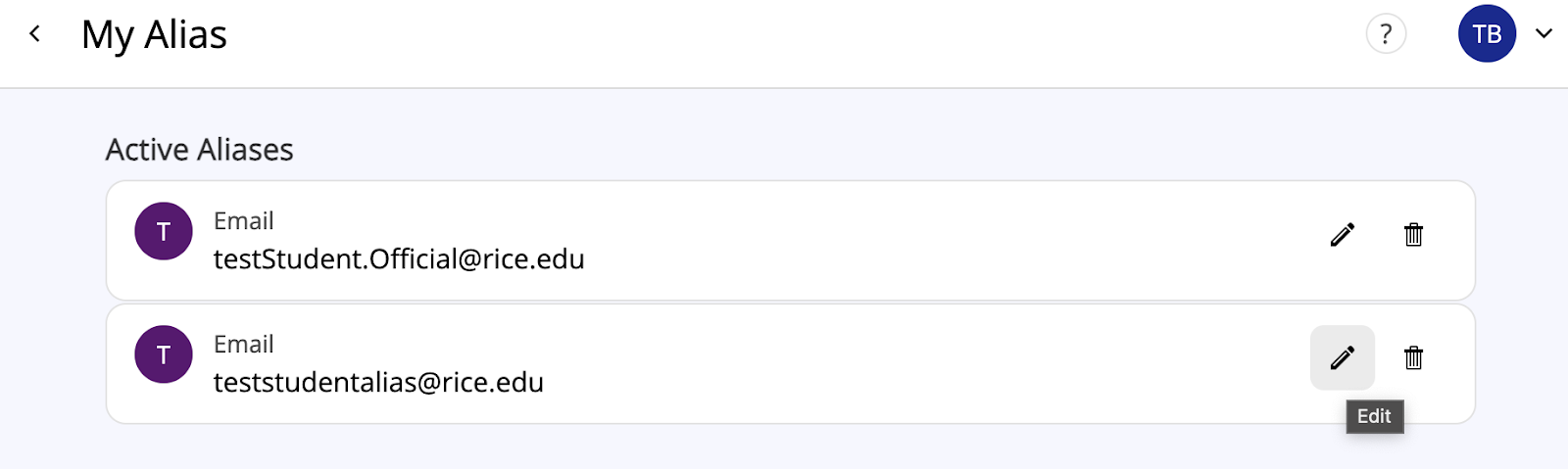 screenshot of list of active aliases