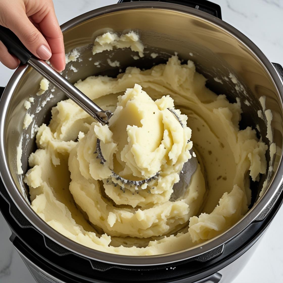 Creamy instant pot mashed potatoes served in a white bowl with melted butter on top