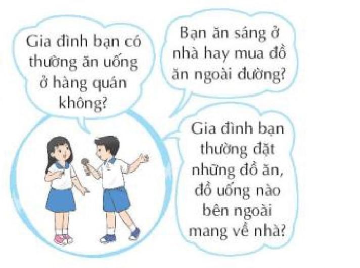 TUẦN 24ĂN UỐNG NGOÀI HÀNG QUÁN1. Khảo sát về thói quen ăn uống của gia đình.- Lập nhóm nhà báo và phân công người phỏng vấn, người ghi chép…- Mỗi nhóm nhà báo khảo sát một tổ.- Đưa ra nhận xét về thói quen ăn uống của các gia đình.Giải nhanh: Học sinh tự khảo sát2. Thảo luận về chủ đề  Ăn ở nhà hàng hay ăn ở nhà?