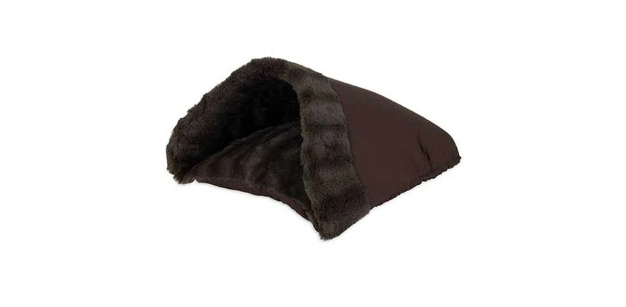 Brown, soft, triangular pet bed with faux fur lining and an open front