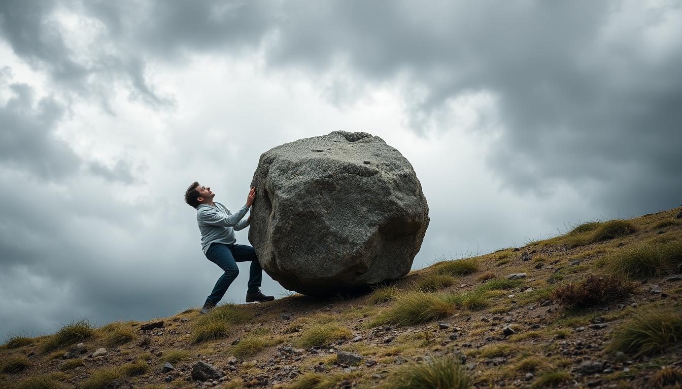 An image of a person pushing a large boulder up a hill, with their face determined and focused, while dark clouds loom in the background.