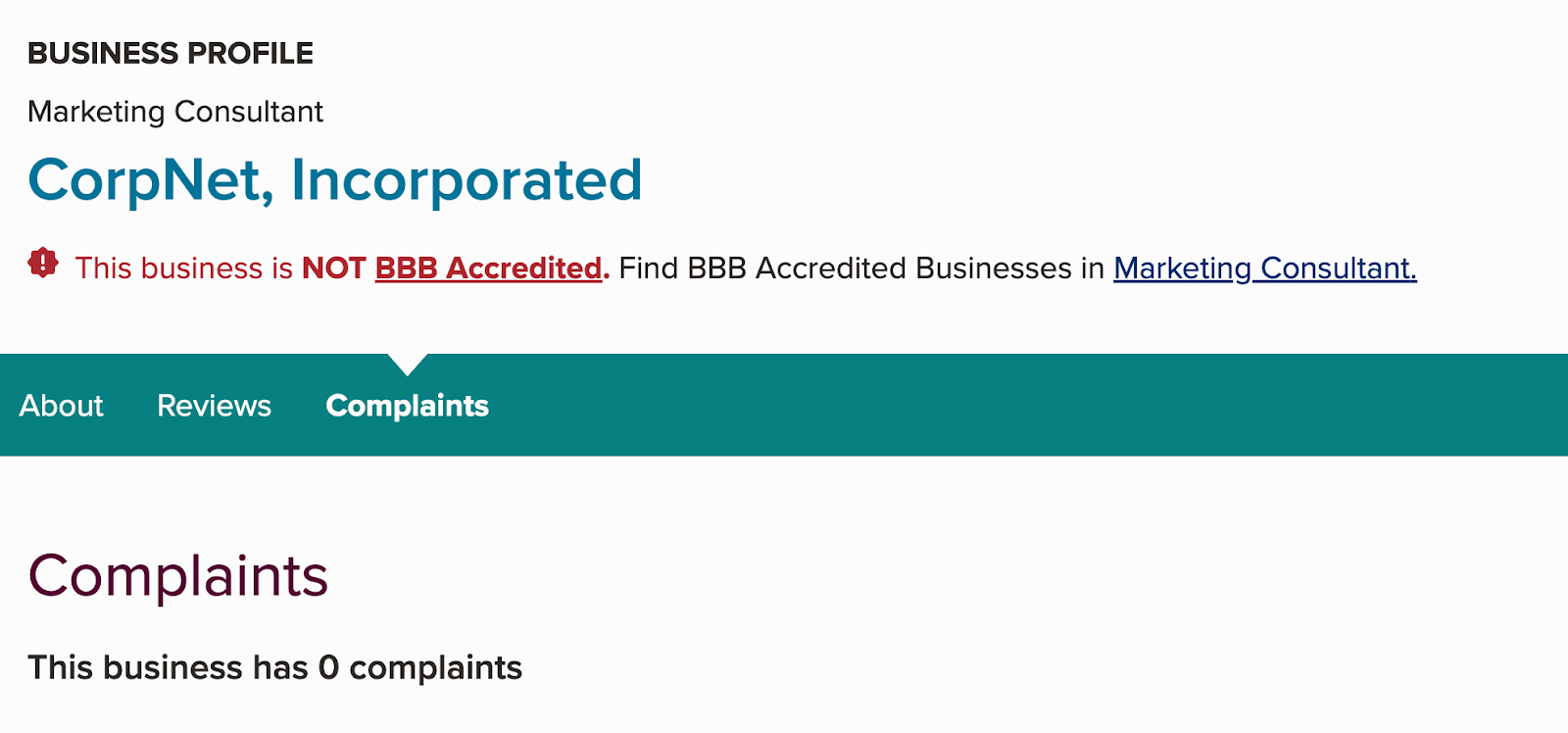 Screenshot of CorpNet's profile on the Better Business Bureau website showing no complaints in 15 years