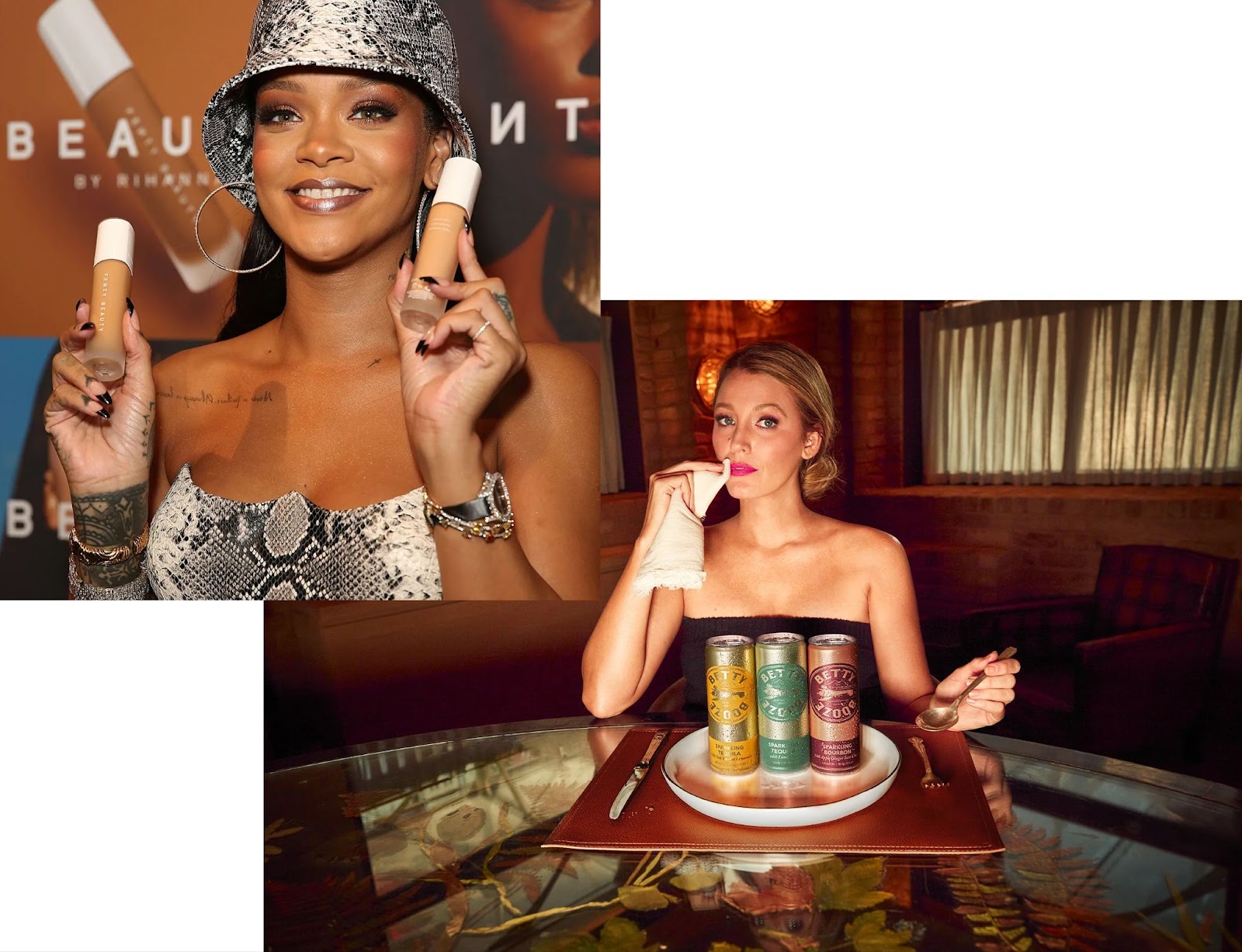 Image of Rihanna and Blake Lively marketing their own products and brands.