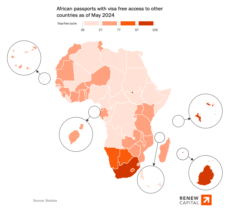 A comprehensive map showcasing African countries with visa-free trade access to other nations as of May 2024, promoting cross-border trade opportunities.