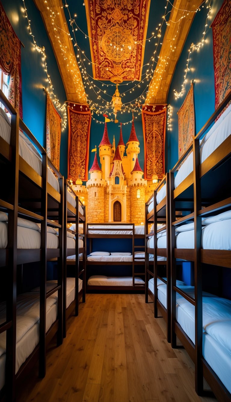 A grand fairytale castle with 31 bunks arranged in a spacious and ornate bunk room, with colorful tapestries and twinkling fairy lights