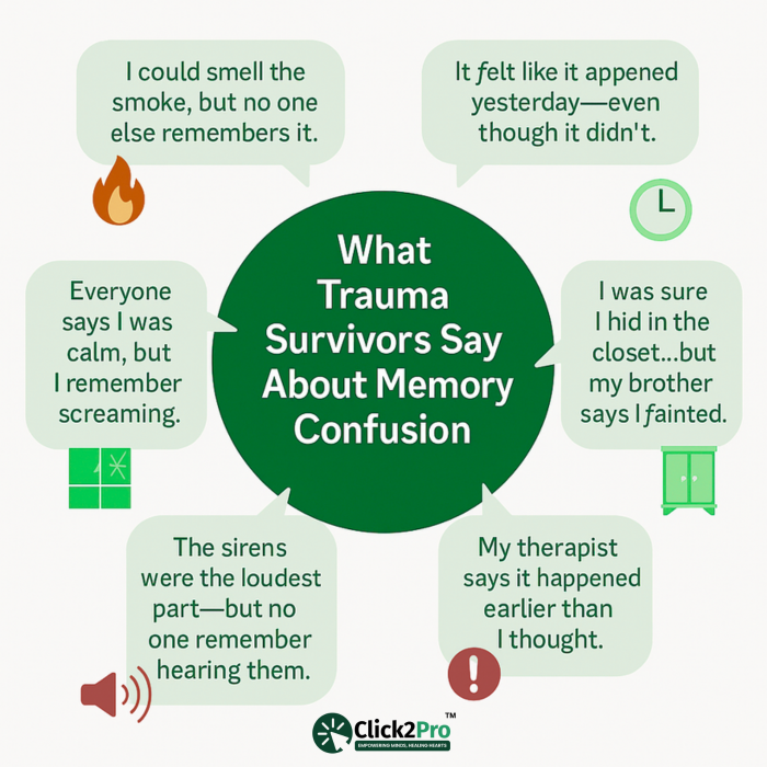 Infographic showing quotes from trauma survivors about memory confusion and false recollections