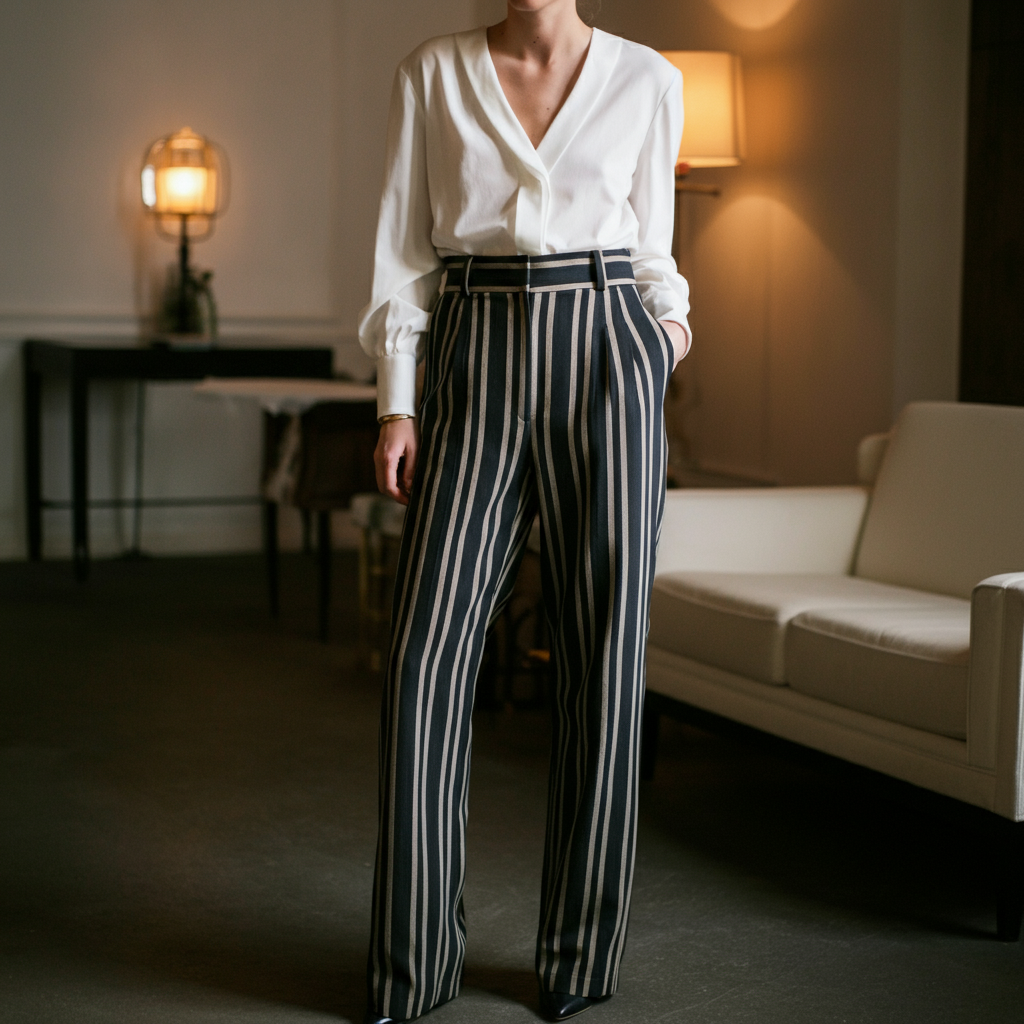 Woman in white blouse and striped trousers