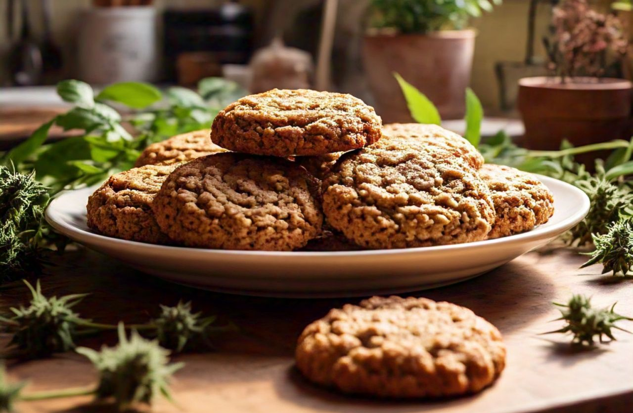 Oatmeal cookies on a plate, surrounded by fresh cannabis leaves in a rustic kitchen