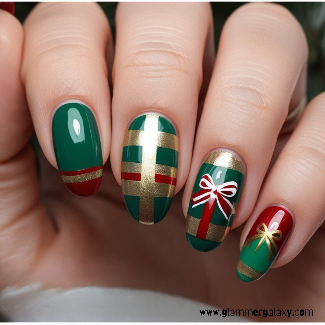 Cute Winter Nails having Gift Wrap Art
