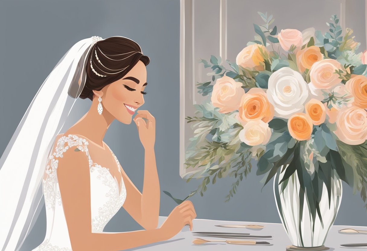 A bride with lash extensions smiles as she gazes at her reflection in a mirror, her eyes framed by long, fluttering lashes. A soft, romantic wedding bouquet rests on the table beside her