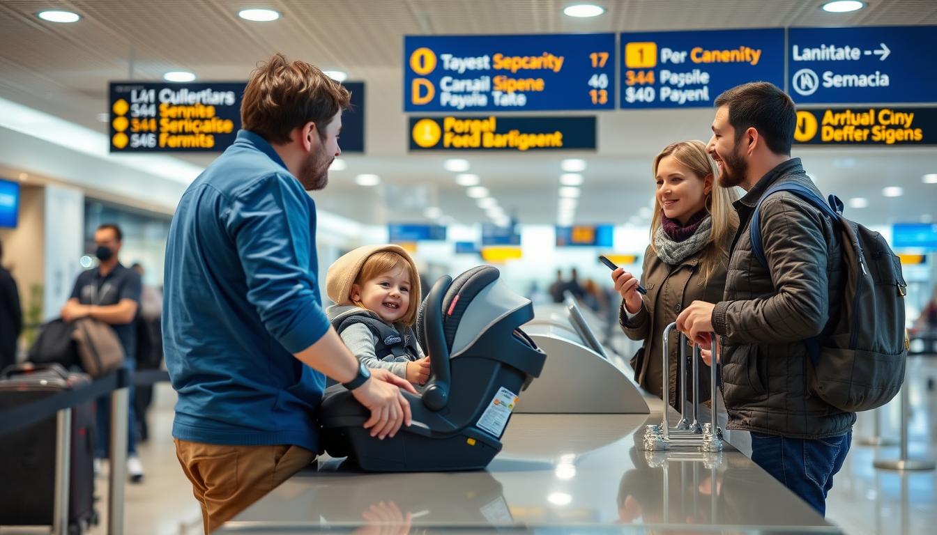 Family traveling internationally with car seat at airport check-in counter