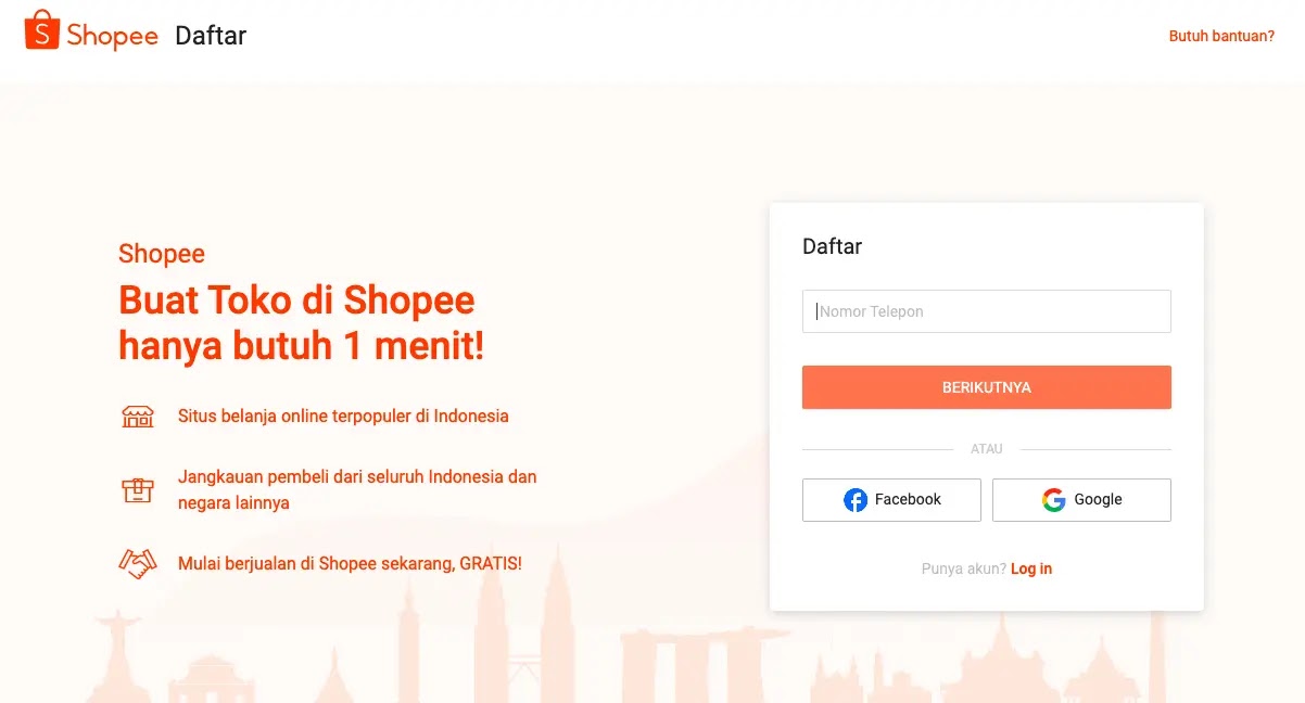 Jika kamu sudah memiliki akun Shopee, kamu bisa langsung login dengan mengklik tombol “Log in” yang berada di bawah logo Facebook dan Google.