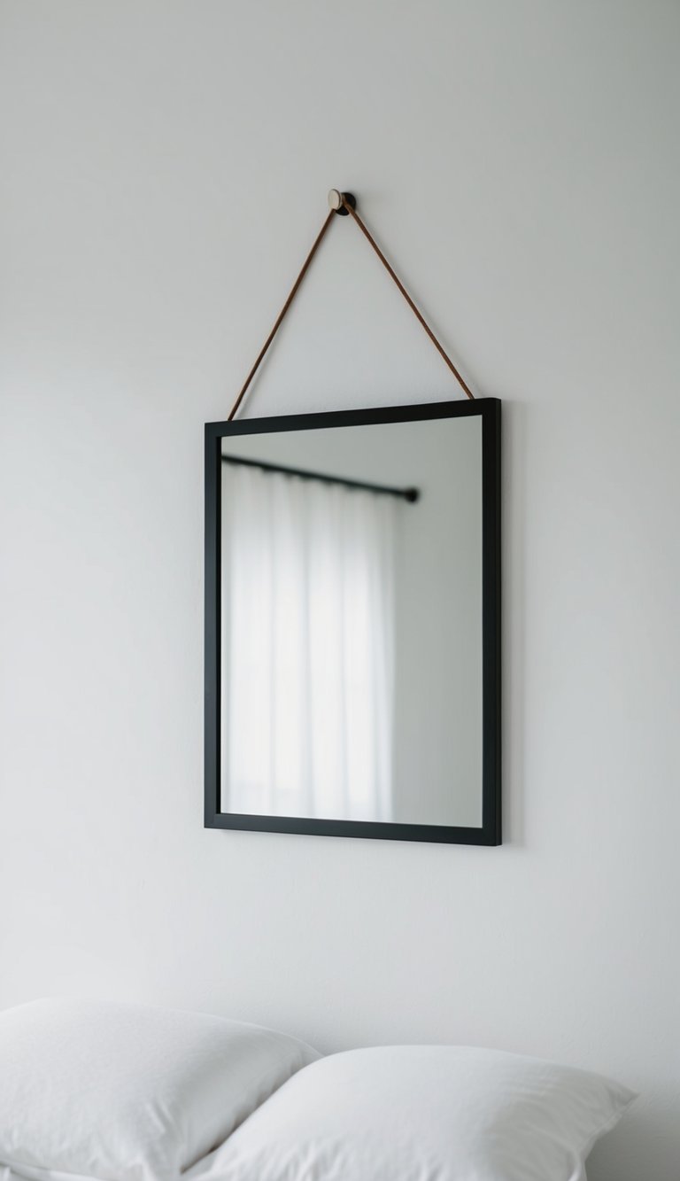 A mirror with a simple frame hangs on a white wall in a minimalist bedroom