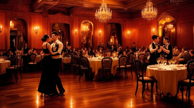 An intimate moment at a tango club in Buenos Aires, where couples dance gracefully to the rhythm of live music. The warm, golden lighting and rustic décor create the perfect atmosphere for a night of celebration and culture.