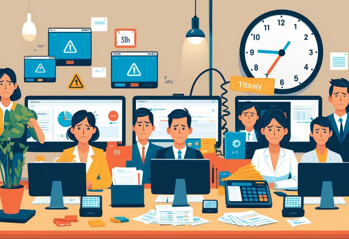 An office scene showing worried employees, broken computer equipment, and unfinished paperwork illustrating the causes and costs of downtime for a small business.