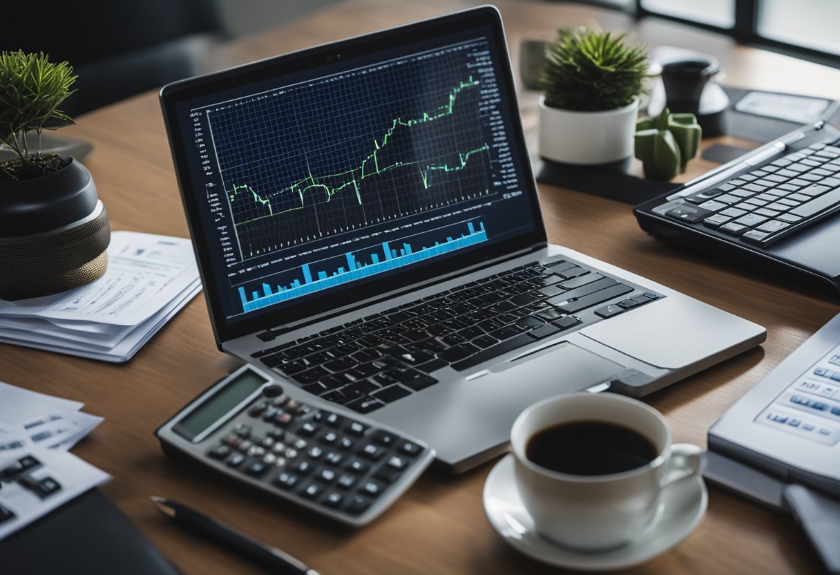 A laptop surrounded by charts, graphs, and dollar signs, with a calculator and pen on a desk