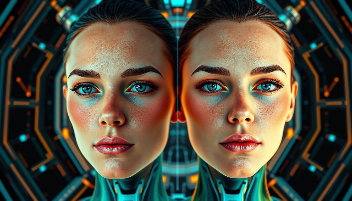 A futuristic digital interface displaying a face swap between two individuals, featuring enhanced facial features, vibrant colors, and a seamless blend of characteristics. The background showcases abstract tech elements, emphasizing the concept of AI and digital enhancement.