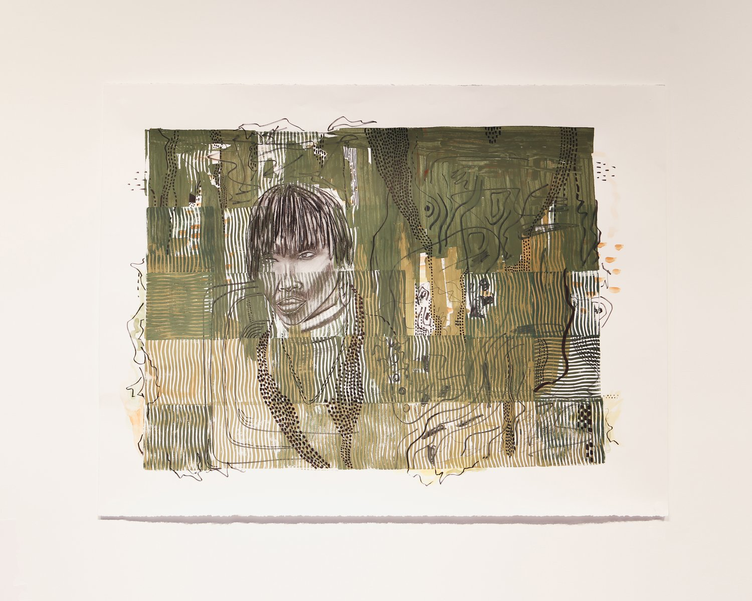 Image: Yeabsera Tabb, Inside Outsider, 2022, block print, ink, and charcoal on paper. A man’s face protrudes from layers of dark green, yellow, and brown ink with detailings of repetitive lines and smudges surrounding him. Photo courtesy of the artist. 