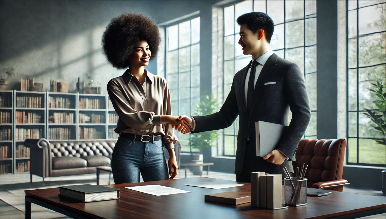 How to Find a Literary Agent. A professionally dressed woman and a man in a suit shake hands in a stylish, modern office with large windows and bookshelves lining the walls. The desk is neatly arranged with documents, books, and office supplies, creating a structured and organized atmosphere. Both individuals are smiling, suggesting a successful business deal, agreement, or collaboration.