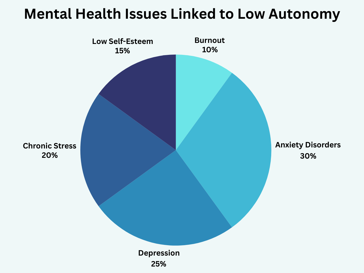 Pie chart showing mental health issues linked to low autonomy: anxiety, depression, stress, burnout.