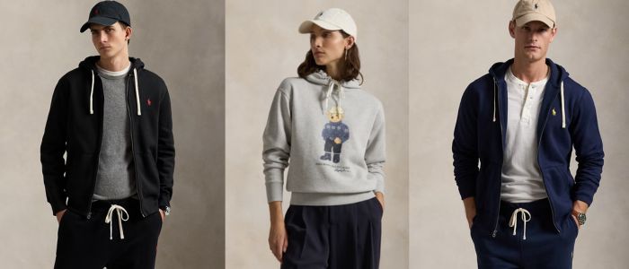 A triptych of models wearing Polo Ralph Lauren fleece hoodies and caps. Left, a man in black. Center, a woman in gray with a bear graphic. Right, a man in navy.