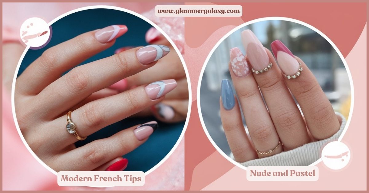 Two hands showcasing oval nail designs, one with modern French tips, the other with nude and pastel colors.