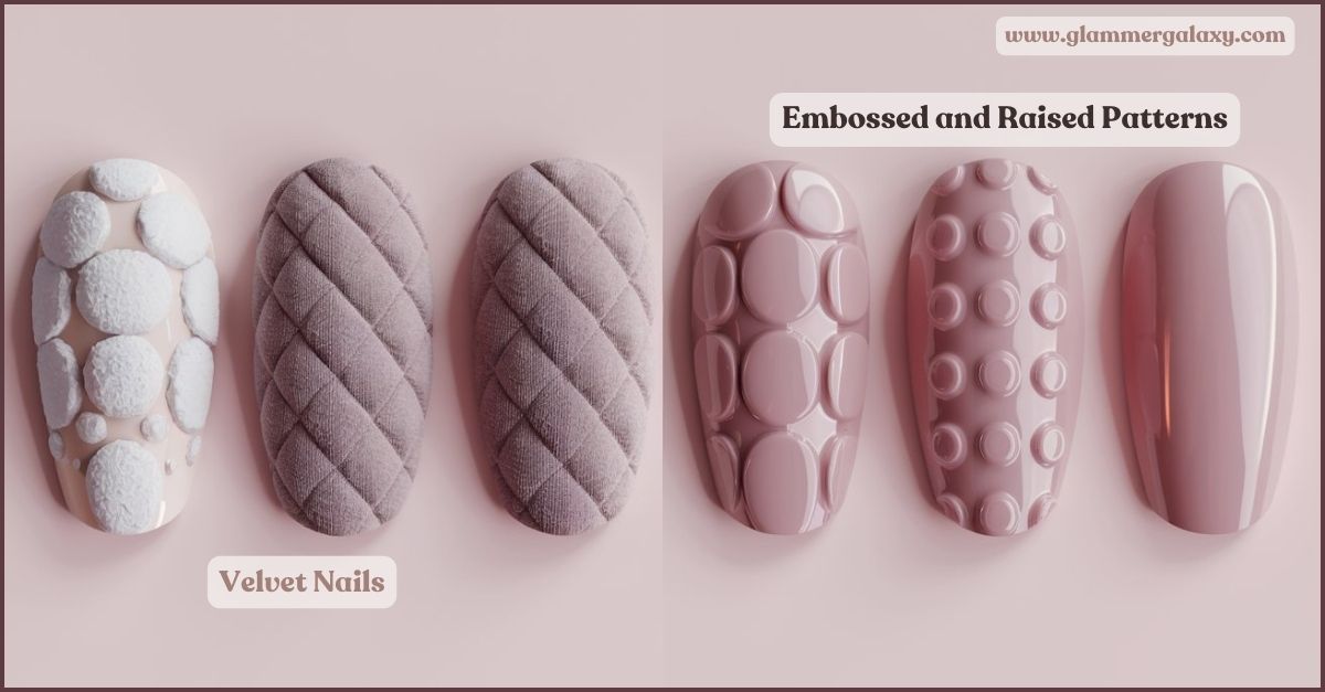 Five nail art designs with 3D textures, labeled “Velvet Nails,” on a pink background.