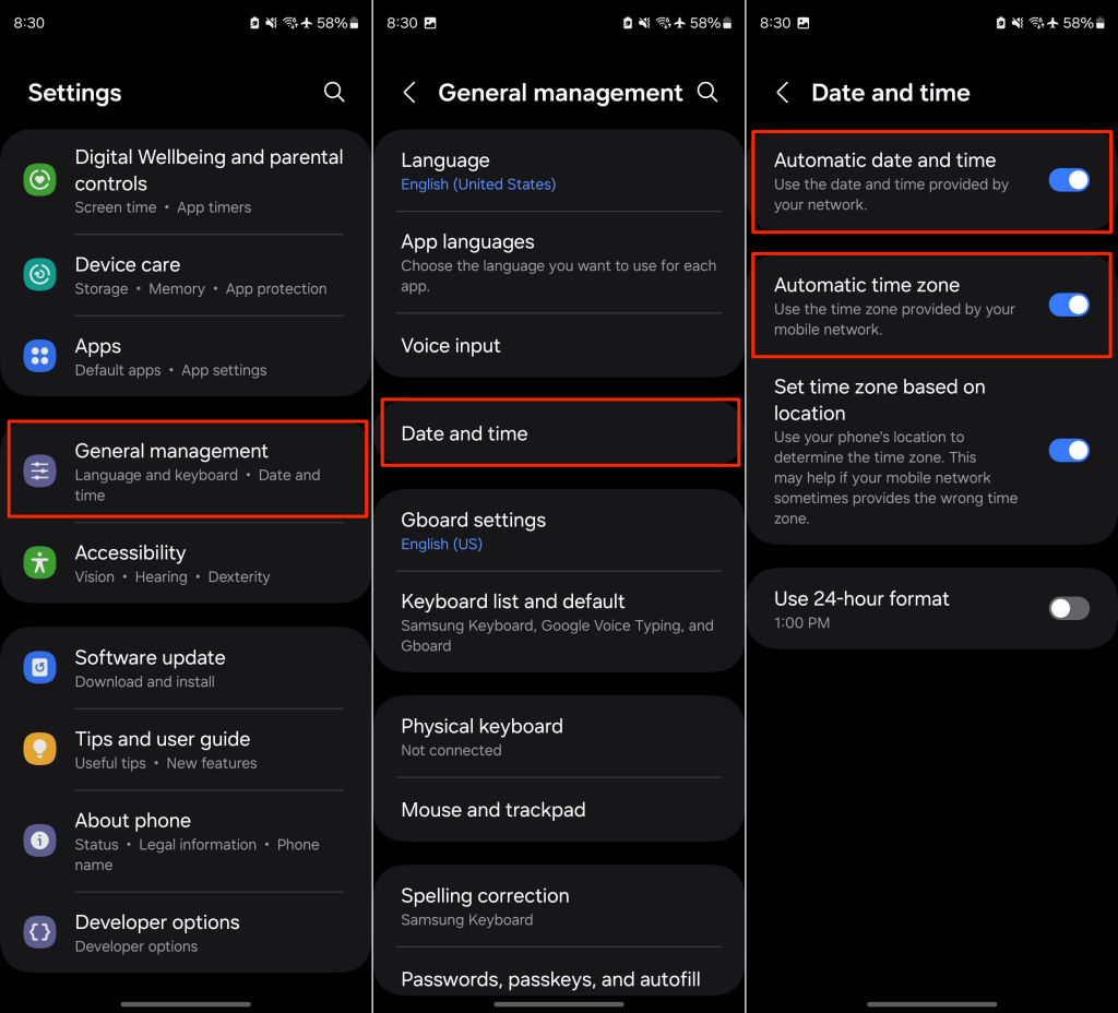 Steps to adjust date and time settings on a Samsung phone