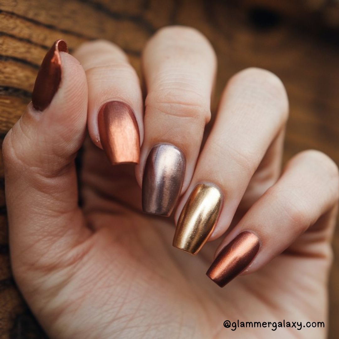 Bold Fall Nail Art Designs Having Coffin-Shaped Metallic Nails
