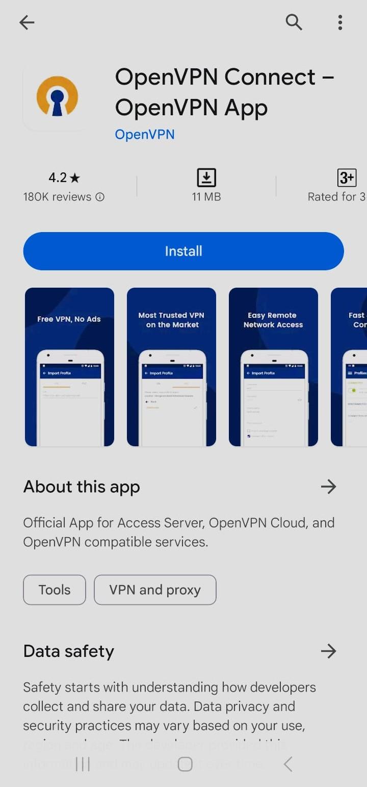 OpenVPN Connect app listing on the Google Play Store