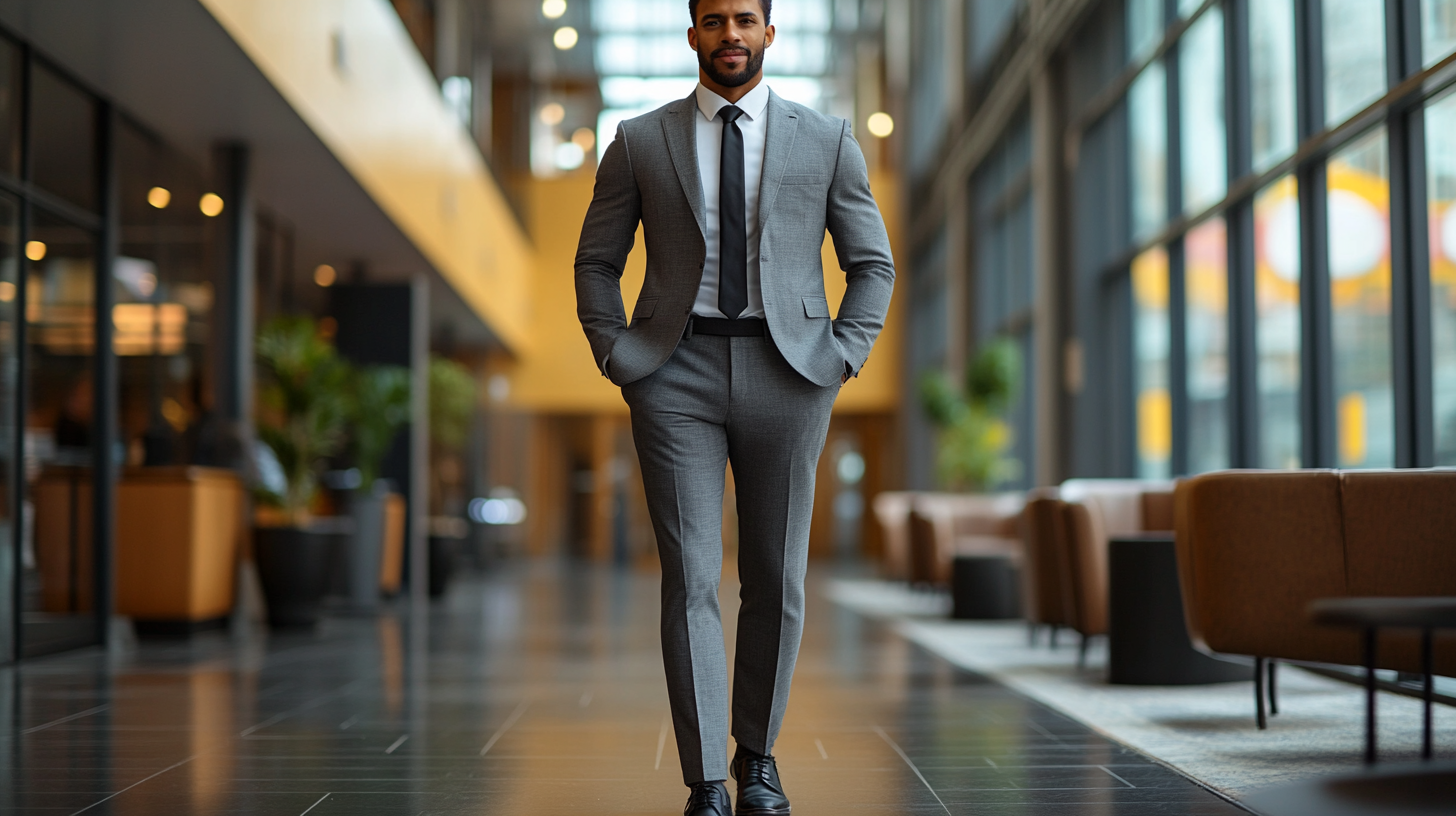 A full-body shot of man wearing grey suits with black shoes standing confidently in a business meeting scene.