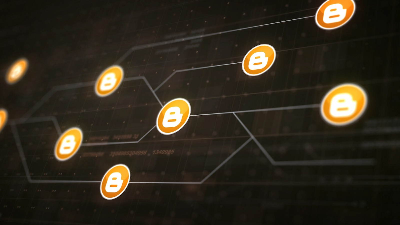 Digital representation of Bitcoin transactions on a blockchain network with glowing orange icons