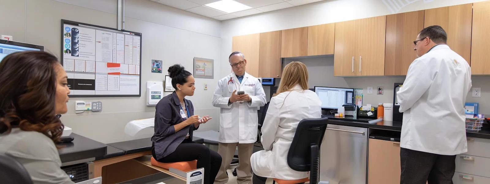 a modern healthcare consultation room is filled with a diverse team of professionals—pediatricians, dentists, and nutritionists—engaged in a focused discussion over a digital tablet displaying nutritional plans, highlighting the collaborative approach to addressing vitamin d deficiency.