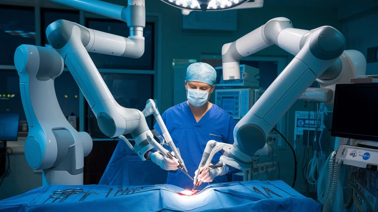 Robotic arms assisting in a surgical procedure.