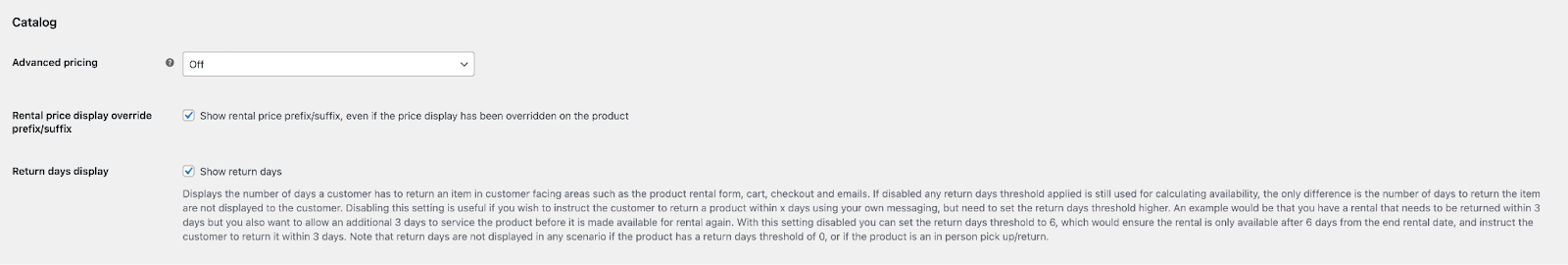 Catalog related settings for the Rental Products for WooCommerce extension.