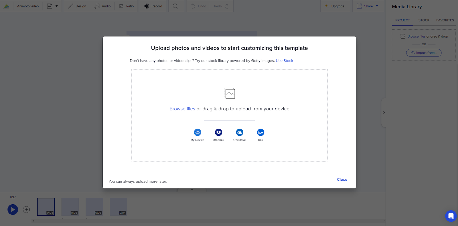 Animoto upload screen prompting users to browse files or drag and drop media from devices or cloud storage to customize templates.