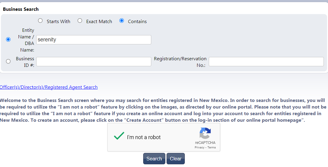 Screenshot of the New Mexico Secretary of State business search website and a search for the name "Serenity".